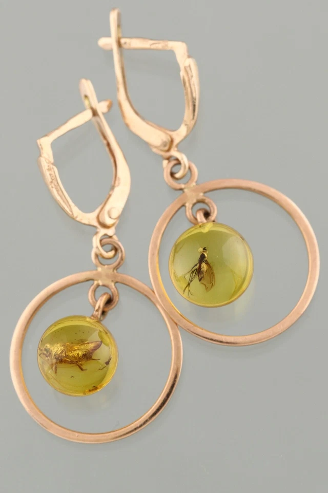Pendientes Cuentas Redondas ÁMBAR BÁLTICO ORO 14K Fósil INSECTOS 2.5Gg 240118-3 Genuino Foto 1 de 4