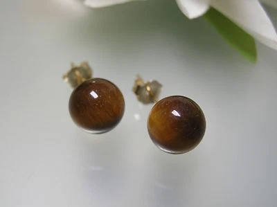 Тигровый глаз 8 мм круглый шар гвоздики E/R премиум 14k золото длиннее post больше подкладка - Изображение 1 из 2