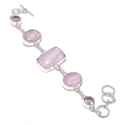 Rosenquarz rosa Kunzit Edelstein Armband handgefertigt schöner Schmuck 7"... - Bild 1 von 4