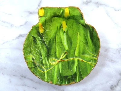 Decoupage Art Scallop Seashell Trinket Dish Yellow Tulips On Green Gold Rim - Image 1 of 4