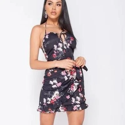 Angel Biba Size 12 black floral print mini dress with ruffle hem and tie front - image 1 of 4