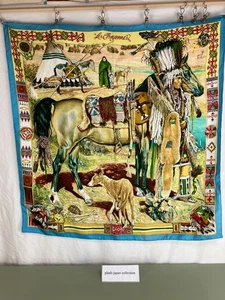 HERMES Carre 90 Silk Scarf Les Cheyennes by Kermit Oliver Vintage “Sky Blue”：JP - Picture 1 of 14