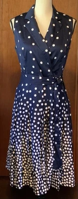 Nuevo Vestido Anne Klein 6 Azul Acampanado Lunares Cinturón, n Sin Mangas Foto 1 de 4