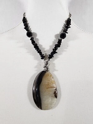 CHICO'S PENDANT NECKLACE ONYX BLACK GLASS BOHO - Image 1 of 4