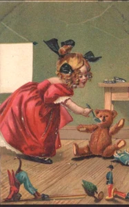 LITTLE GIRL feeding TEDDY BEAR GREINER Int'l Art Germany embossed postcard - Picture 1 of 2