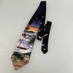 De Colección Van Heusen Corbata de Seda Isla Velero Flamenco Palmeras Puesta de Sol - Hecho en EE. UU. - Imagen 1 de 5
