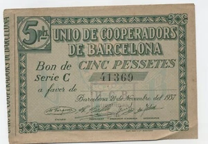 Spain España CIVIL WAR 1936 Local BARCELONA Unio de Cooperadors 5 pesetas aUNC - Picture 1 of 2