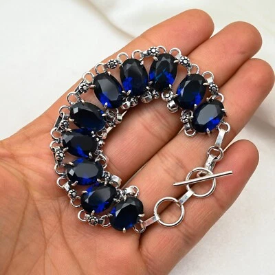 Pulsera de piedras preciosas de zafiro azul creada en laboratorio hecha a mano joyería de plata de ley 925 Foto 1 de 4