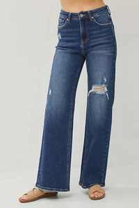 RISEN Full Size High Rise Distressed Wide Leg Jeans - Picture 1 of 19
