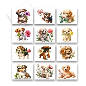 12 Assorted All Occasion Note Cards Blank Greeting Cards - PUPPIES - Picture 1 of 6
