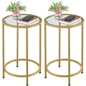 Set of 2 Round End Side Tables Small Coffee Tea tables w/ Glass Top& Metal Frame - Picture 1 of 9