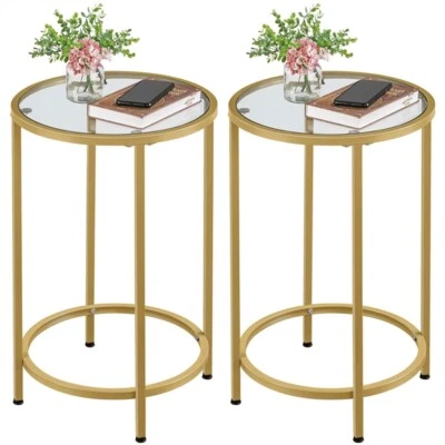 Set of 2 Round End Side Tables Small Coffee Tea tables w/ Glass Top& Metal Frame - Image 1 of 4