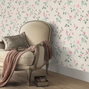 Cream Floral Wallpaper Pink Green Smooth Finish Feature Wall Living Room Bedroom - Picture 1 of 5