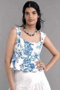 NEU ANTHROPOLOGIE Maeve Tanktop mit eckigem Ausschnitt und Schößchen Blumenmuster blau weiß Größe XL - Bild 1 von 2