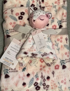 Baby Kiss Fox Security & Large 2 Blanket Set w Leaves Acorns Flowers pink White - Picture 1 of 4