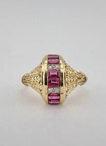 Antique Art Deco 14K Yellow Gold Natural Ruby & Diamond Filigree Floral Ring - Picture 1 of 10