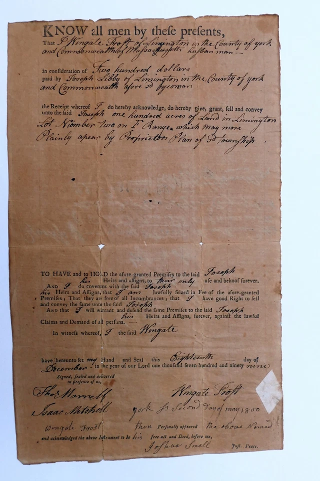 1799 Joseph Libby Land Deed YORK Limington Maine to Wingate Frost 100 acres - Image 1 of 4