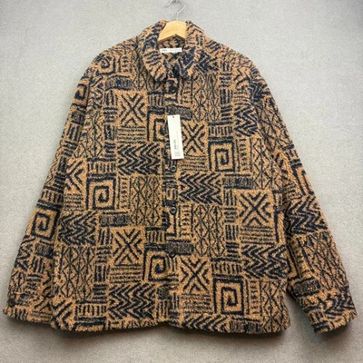 ZARA Fleece Jacket Men XL Buttons Aztec Southwestern Sherpa Lin Teddy Navajo AOP - Image 1 of 4