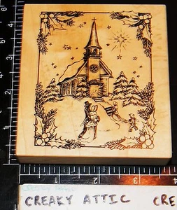 PSX K-2343 COUNTRY CHURCH WINTER VINTAGE SNOW SCENE RUBBER STAMP CREAKYATTIC - Picture 1 of 3