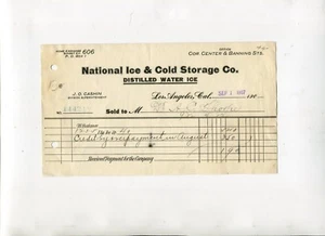 Vintage Billhead NATIONAL ICE & COLD STORAGE Los Angeles 1907 Distilled WaterIce - Bild 1 von 1