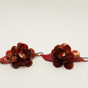Pair of Flower Leaves Barrettes Brown Vintage 2" 3D Plastic Translucent Petals - Picture 1 of 12