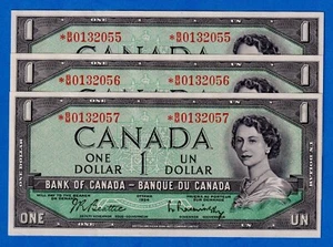 Canada $1 1954 BC-37bA-i / P-75b AU/UNC 3 Cons.Replacement Notes*B/M 0132055-7 - Picture 1 of 3