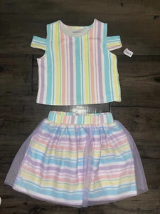 NWT 2 Piece Girls KIDPIK  Cold Shoulder Top & Skirt White w/ Pastel Stripes 7/8 - Picture 1 of 6