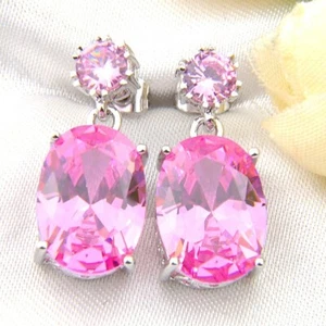 Amazing Oval Round 4 Stones Pink Topaz Gemstone Silver Hook Stud Earrings Women - Picture 1 of 9