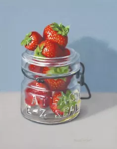DANFORTH Strawberries in Atlas Jar, 10x8 still life realistic oil painting - Picture 1 of 3