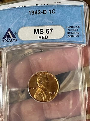 1942 D Lincoln Wheat Cent MS67RD ANACS GRADED (724) - Image 1 of 2