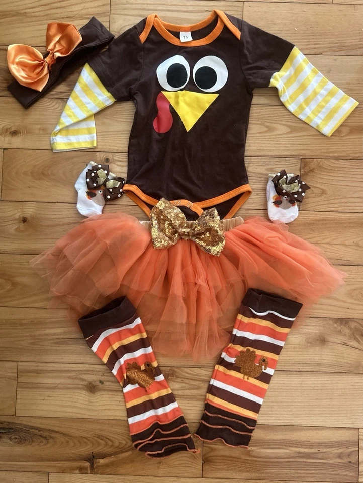 BABY Girl Infant THANKSGIVING Holiday Romper Tutu Dress Outfit Set 5 Piece - Imagem 1 de 3