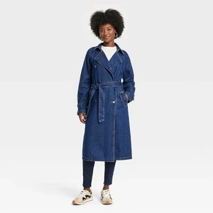 Women's Denim Trench Coat - Universal Thread Dark Wash XS - Picture 1 of 3