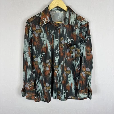 Vintage 70s Sears Disco Shirt Brown Blue Abstract Floral Long Collar Men 16.5 L - Image 1 of 4