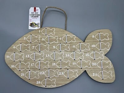 Hanging Cat Advent Calendar ~ Christmas Countdown Wood Treat Holder ~ Fish Shape - Image 1 of 4