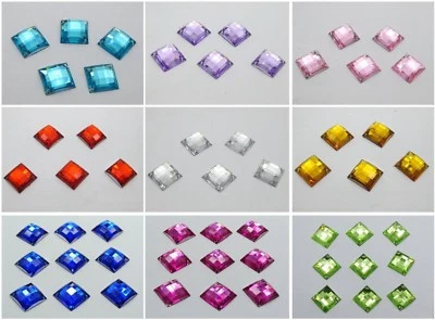 100 Flatback Acrylic Faceted Square Sewing Rhinestone Button Sew on Bead 14X14mm - Image 1 of 4