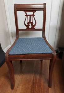 Lyre Harp Back Antique VTG Mahogany Single Chair w. Blue Seat - Picture 1 of 2