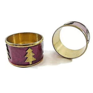 Set of 6 Christmas Tree Napkin Rings Burgundy Enamel Brass - Picture 1 of 3