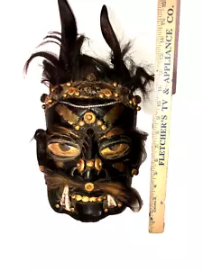 Vintage Tibetan Handmade & Carved Horned & Real Hair Ceremony Tribal Mask - Picture 1 of 14