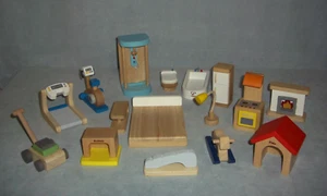 HAPE Wood Dollhouse Furniture Dog House Bath Kitchen Exercise Equip Bedrm 16 Pc - Picture 1 of 14