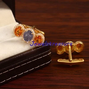 Natural Citrine & Smoky Quartz Stones Gold Plated 925 Solid silver Cufflinks #3 - Picture 1 of 7
