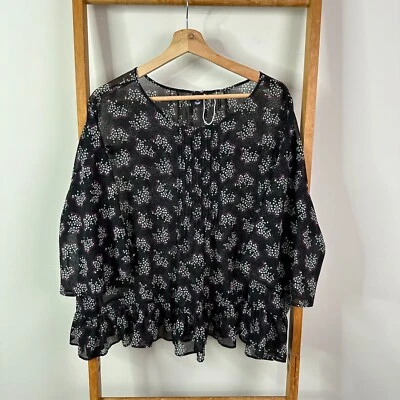 Uniqlo Anna Sui Blouse Womens Extra Small Black Floral Ruffle Long Sleeve Sheer - Image 1 of 4
