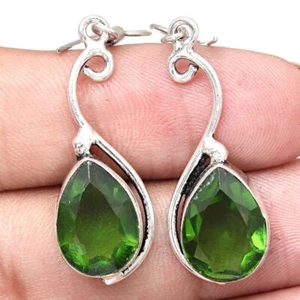 Peridot Quartz Gemstone Handmade Gift For Her Silver Jewelry Earrings 1.75" - Picture 1 of 7
