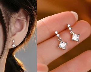 Tiny 925 Sterling Silver Earrings Gold Plate Sparkly CZ Small Drop Dangle Dainty - Picture 1 of 8
