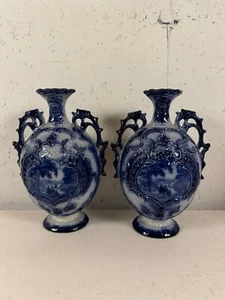 Vintage Antique Flow Blue Pottery Pair of Vases w/ Family Scene & Floral Dec. - Picture 1 of 21