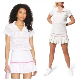 EleVen by Venus Williams Devotion Polo Shirt White Heart Eyelet Country Club Med - Picture 1 of 4