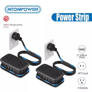 Paquete de 2 tiras de alimentación con 4 tomas 3 puertos USB 4 pies cable de extensión corto para viajes - Imagen 1 de 10
