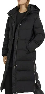 Size 14 Long Line Black Puffer Coat Side Zip Quilted Body Warmer Popper Zip Hood - Picture 1 of 8