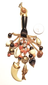 VINTAGE Gemstone CORAL/BANDED AGATE/Resin EBONY 5 3/8" HAND CHARM/Pendant - Picture 1 of 5