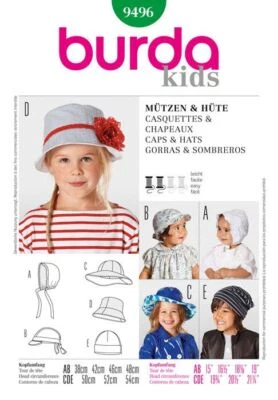 BURDA KIDS 9496 GIRLS CAPS & HATS Sewing Pattern Head size 15" - 21" Skill: EASY - Image 1 of 3