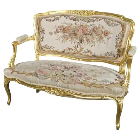 French Louis XV Style Gilded Aubusson Upholstered Settee Canape Circa 1930s Cover